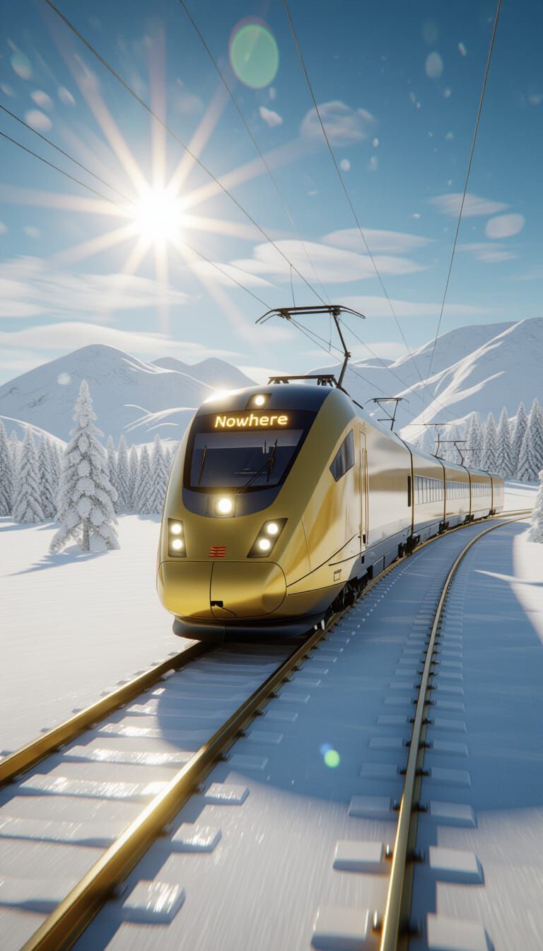 Futuristic Train on Golden Rails in Snowy Landscape