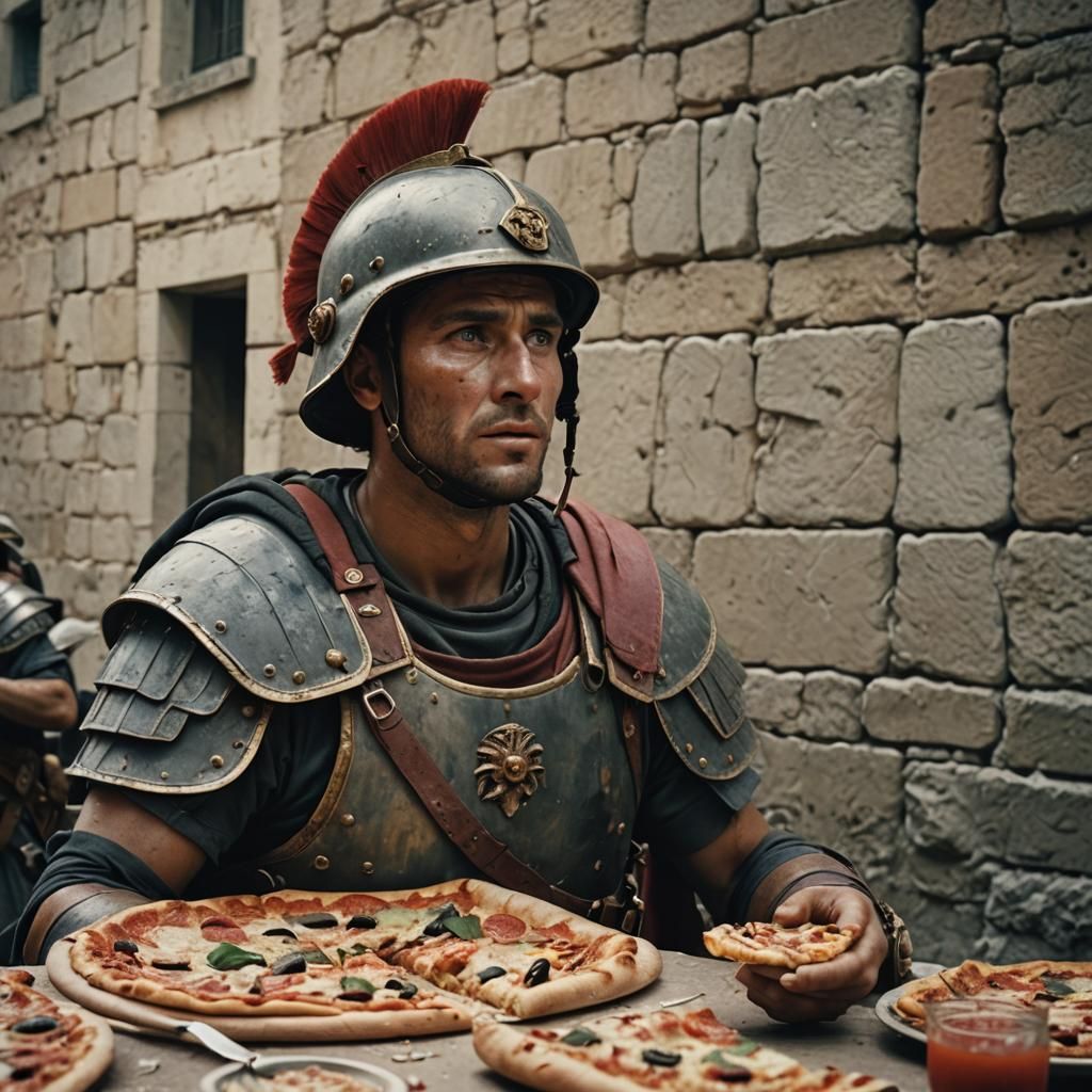 Roman Soldier's Pizza Break: Cinematic Film Still