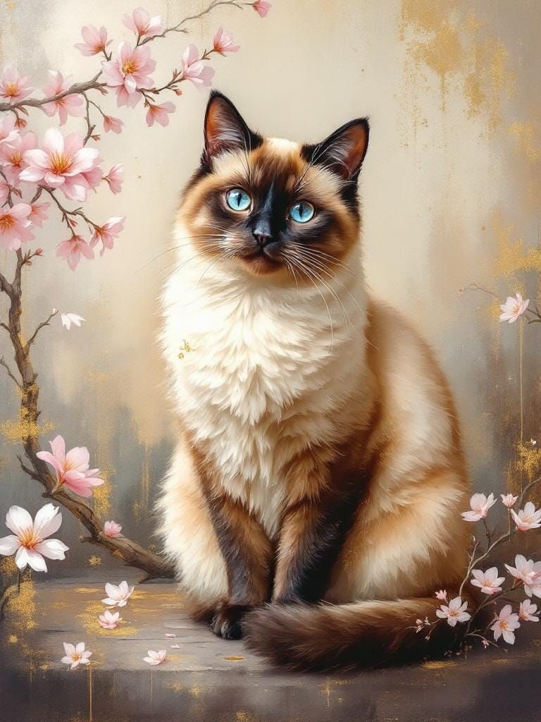 Siamese Cat in Japanese Landscape as Oil Painting