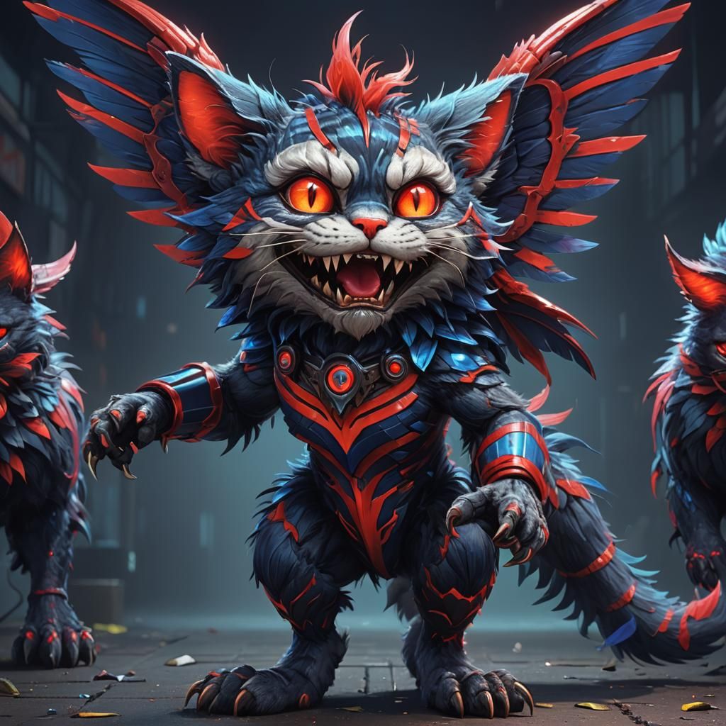 Furry Cat Monster with Feathered Wings
