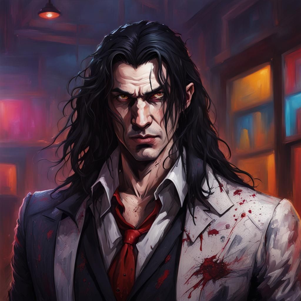 Handsome Vampire After Bar Fight: Hyperrealistic Splash Art