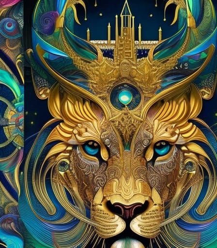 Mechanical Lion Ink Illustration with Liquid Solar Winds