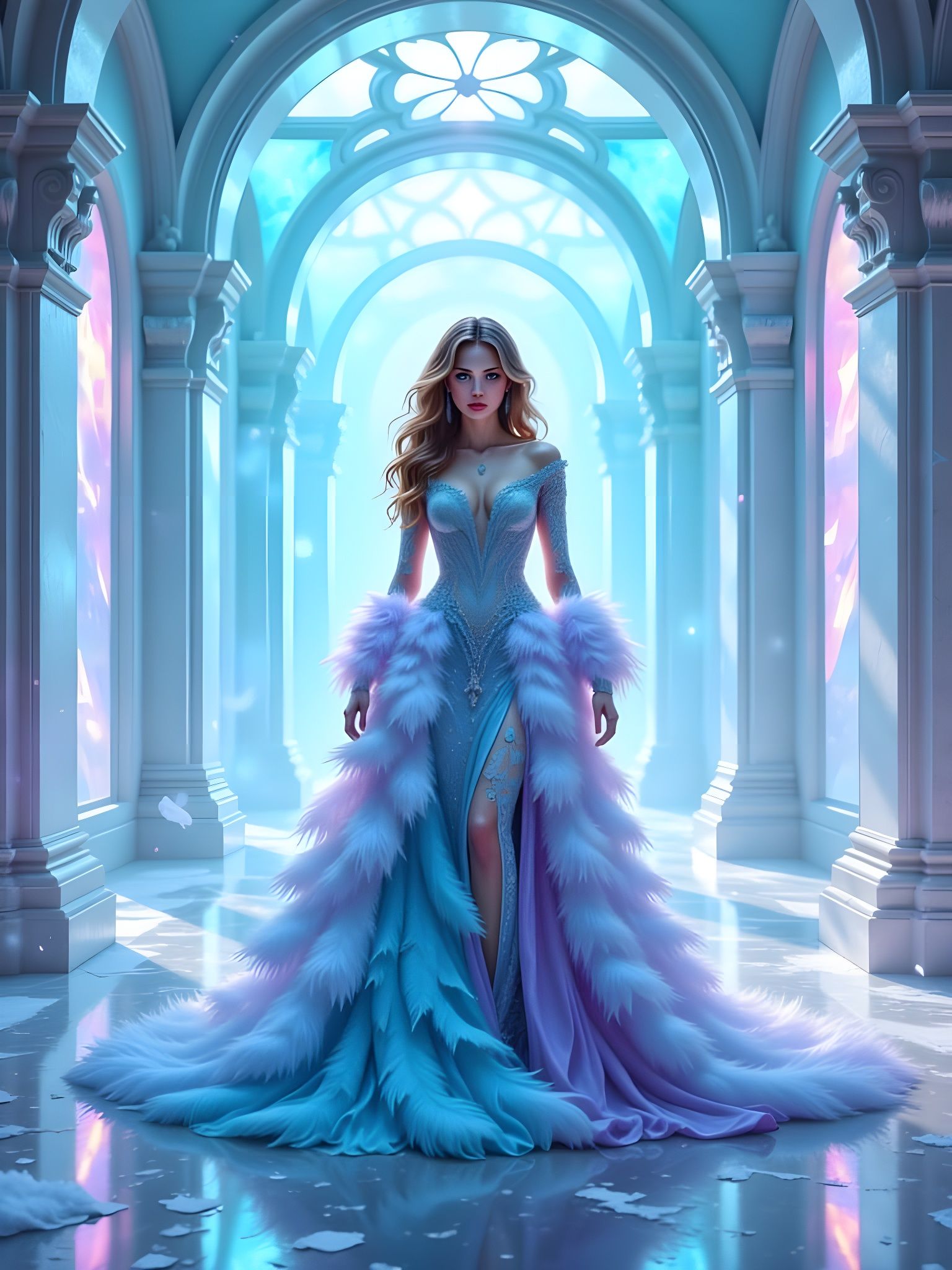 <lora:PandorasBox:1.0> A model standing inside an iridescent glass hall, framed by towering frosted glass walls glowing ...