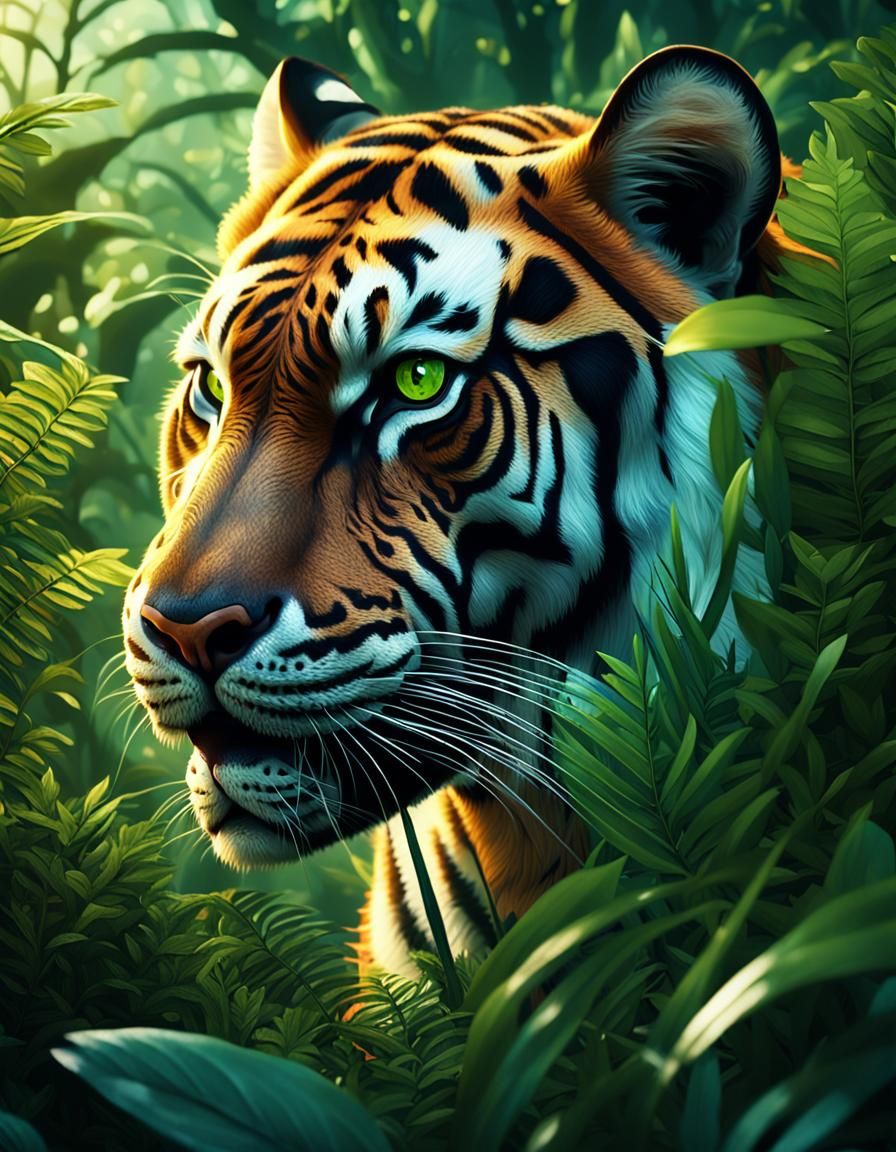 Tiger Peering Through Jungle, Detailed Matte Painting