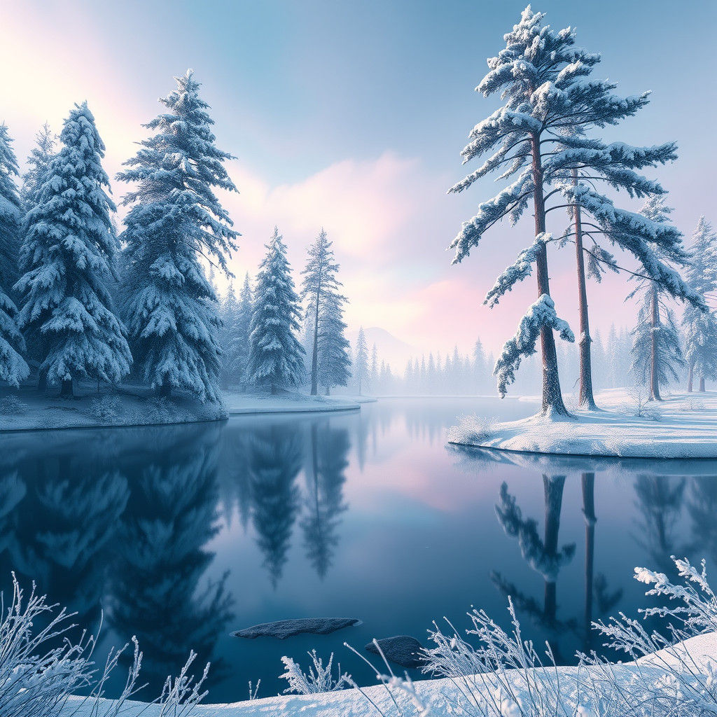 Tranquil Snowy Lake Reflecting Frosty Pines