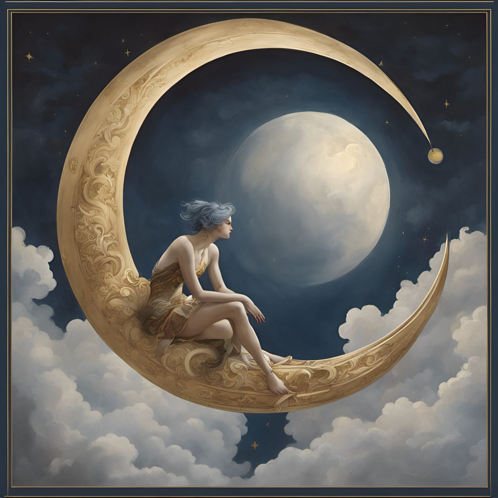 Crescent Moon Tarot Card in Deep Blue and Gold