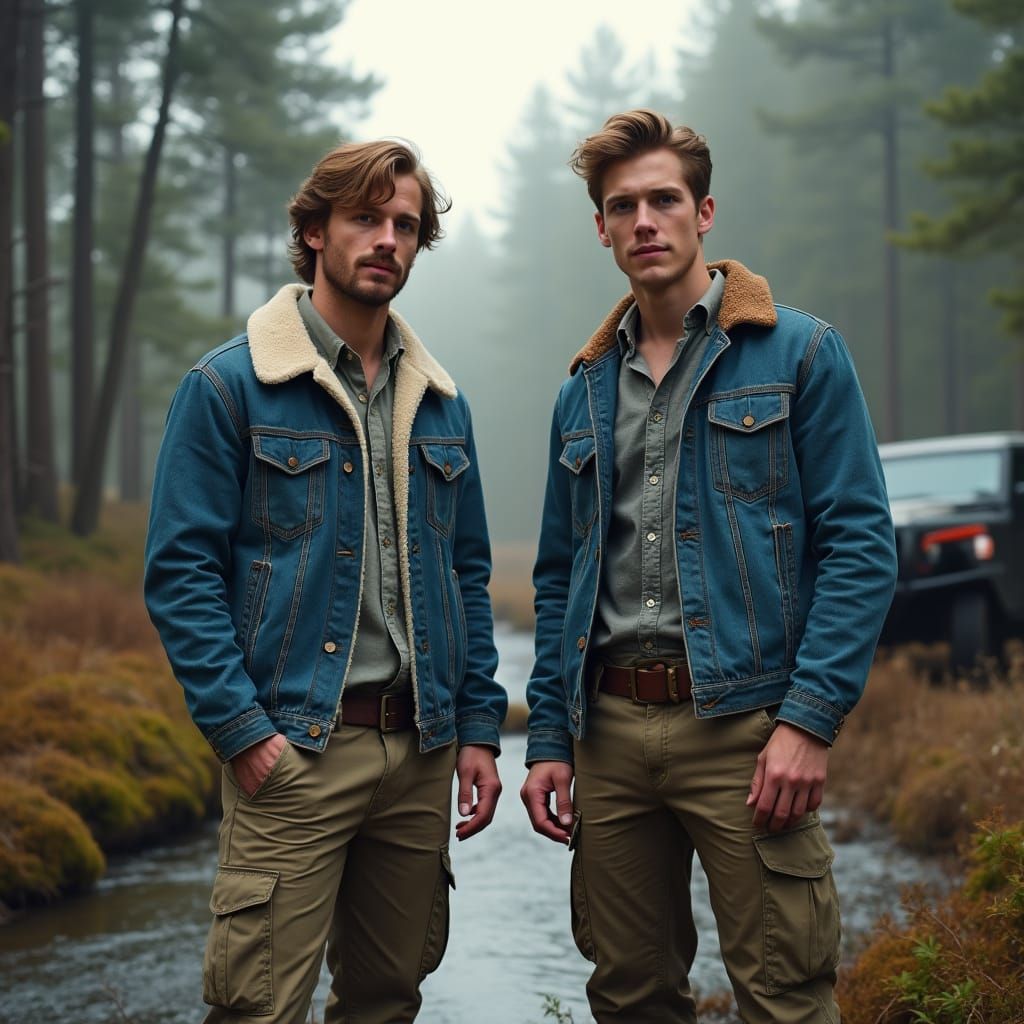 Two Men in Foggy Forest with Jeep, Photorealistic Style