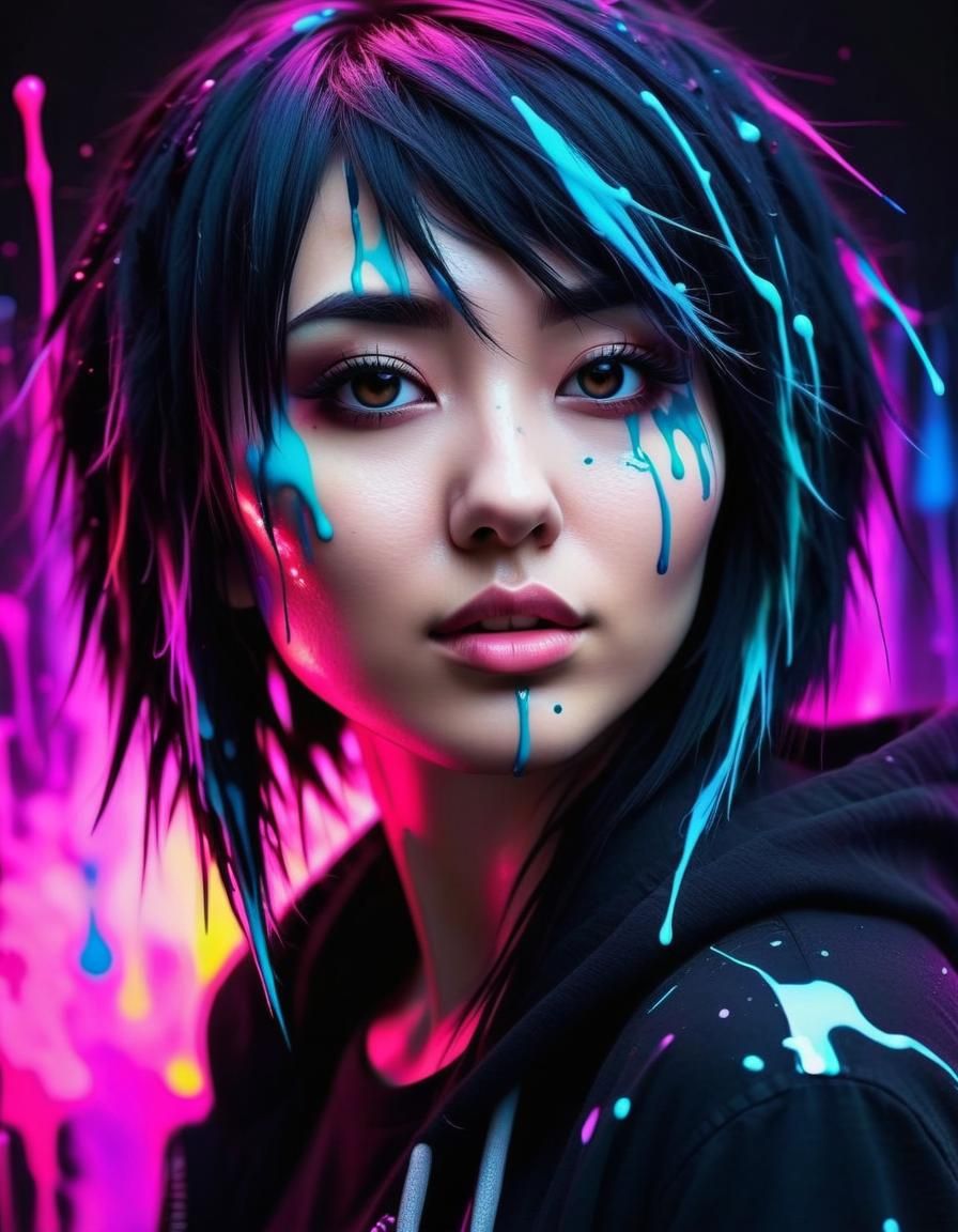 Ethereal Emo Kawaii Woman in Vibrant Neon Noir