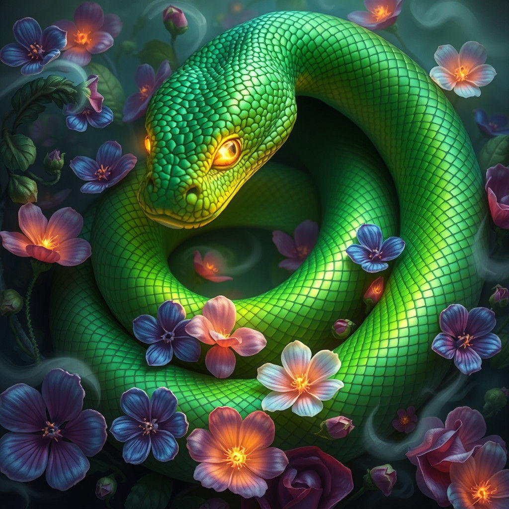 Iridescent Snake in Enchanted Garden