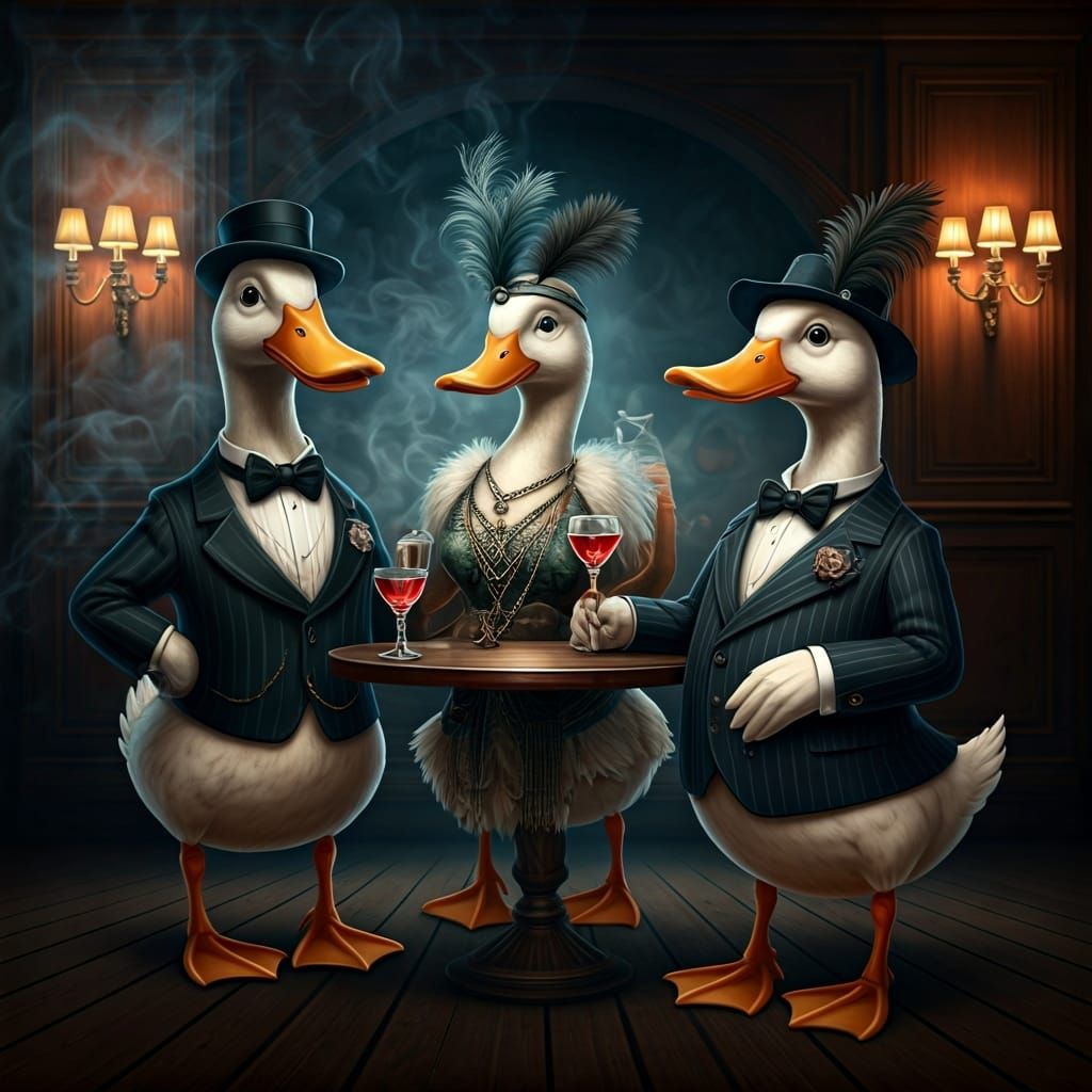 Dapper Ducks Enjoying Cocktails in Smoky Room
