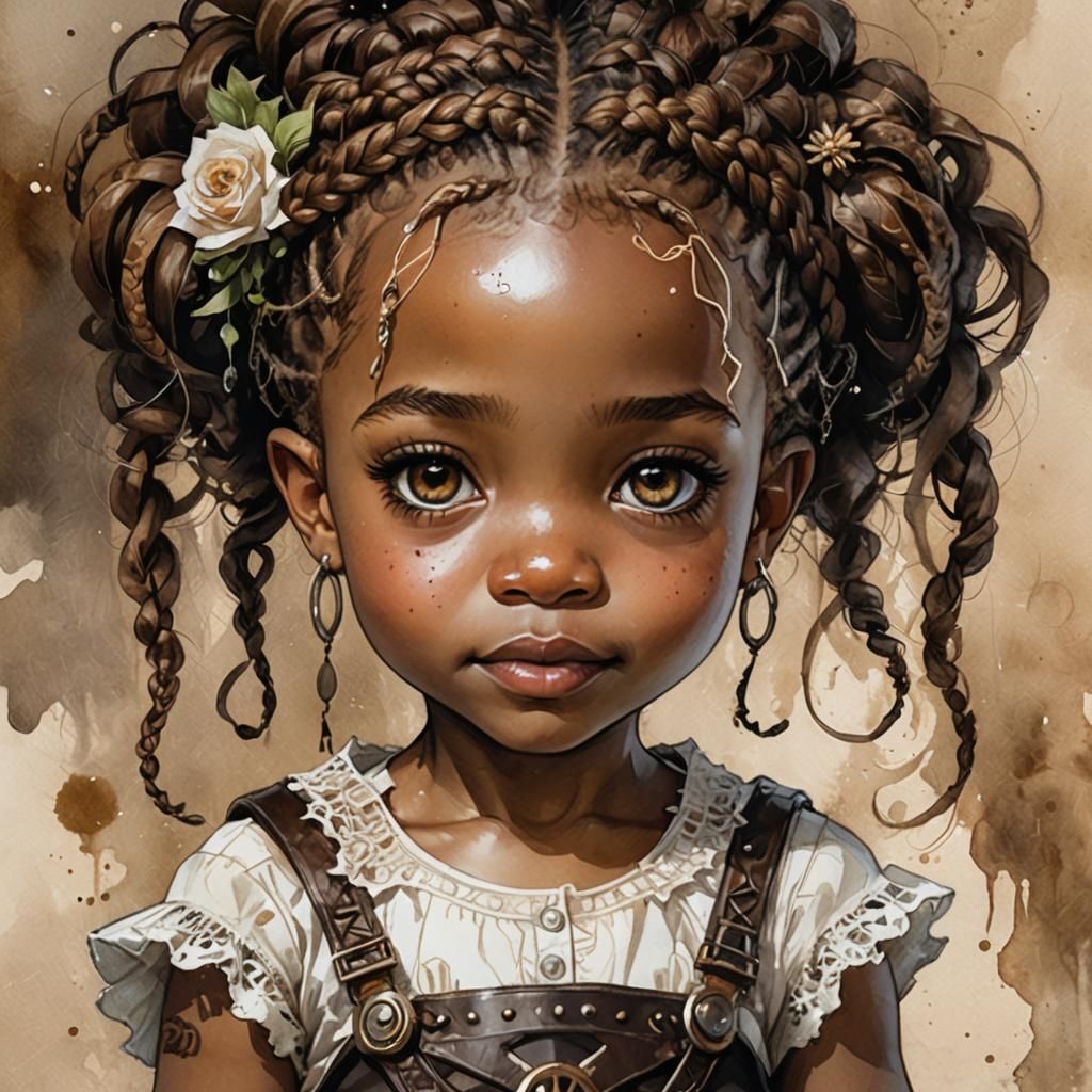 Chibi Toddler Portrait in Watercolor Steampunk Style