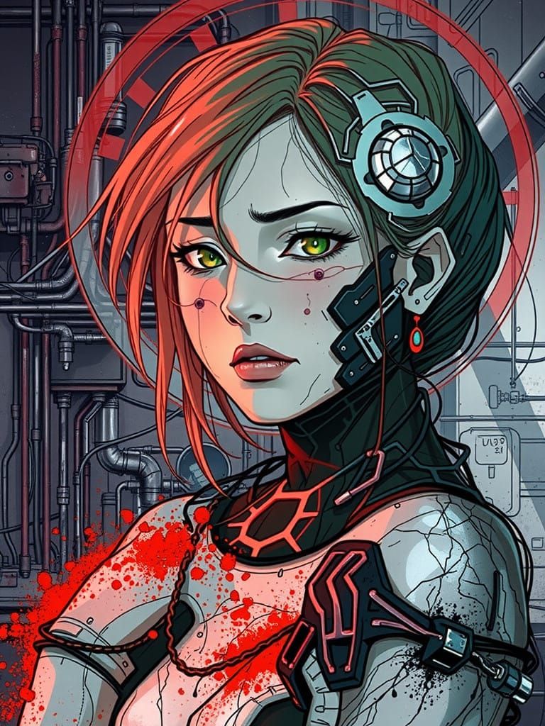 Cyberpunk Woman with Crimson Hair and Emerald Eyes