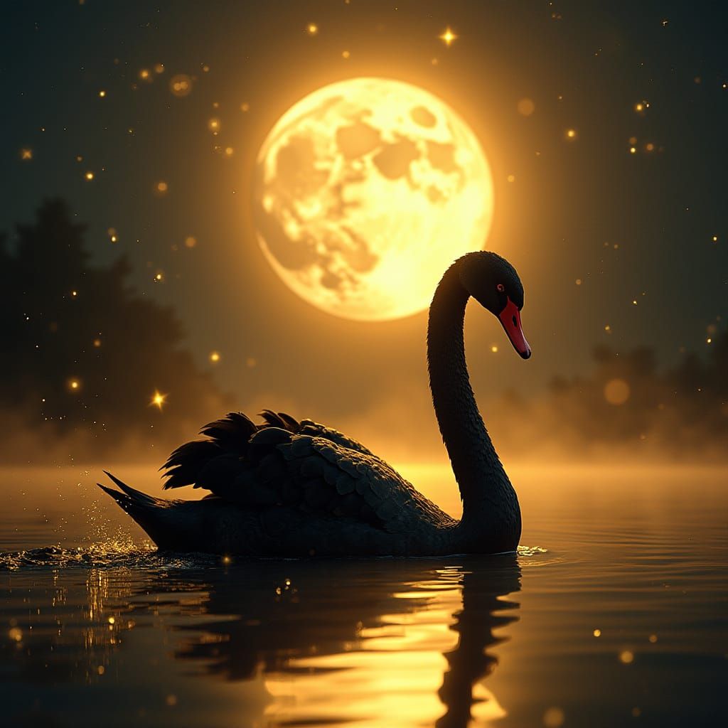 Black Swan Gliding on Golden Lake Under Moon