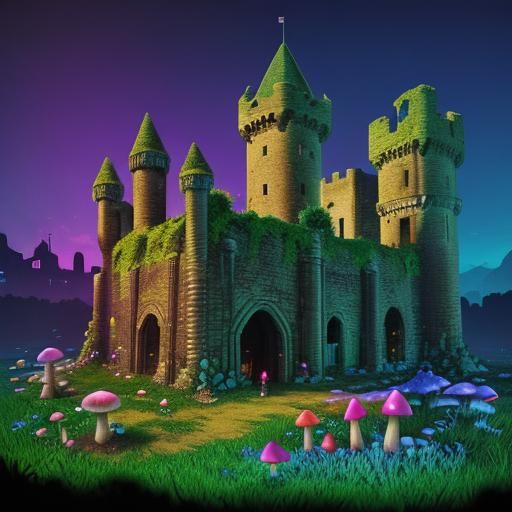 Medieval Castle Ruins with Tainted Mushrooms in Synthwave Ne...