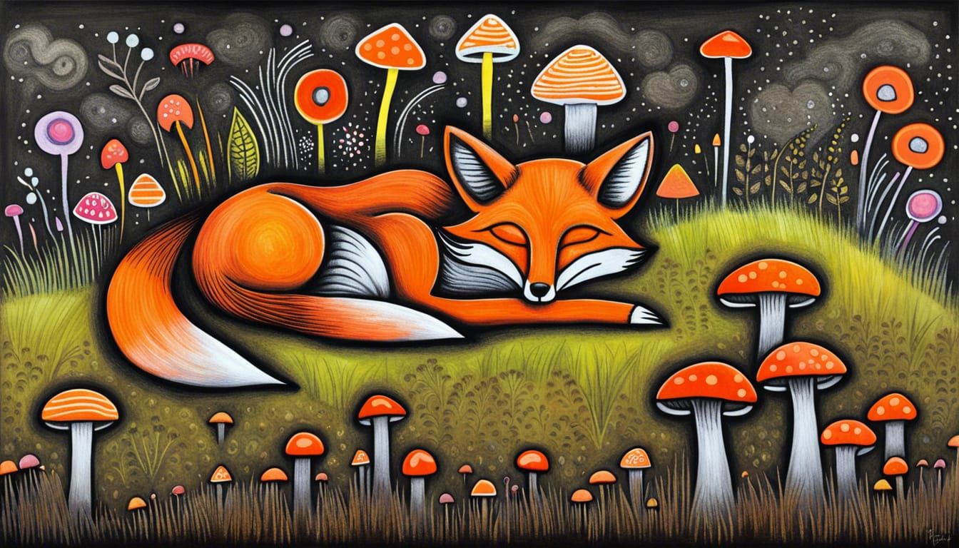 Fox Sleeping in Psychedelic, Gothic, Retro Cityscape