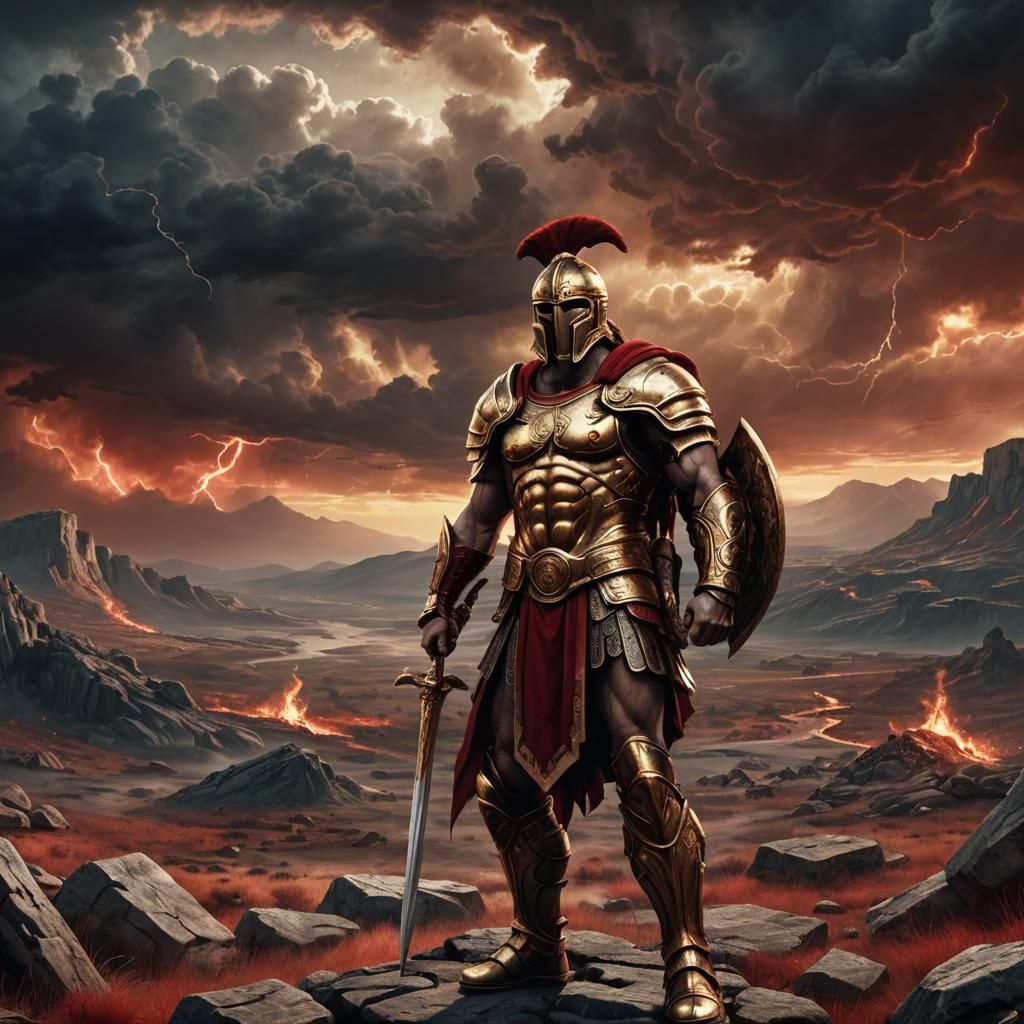 Ares, God of War, in War-Torn Landscape