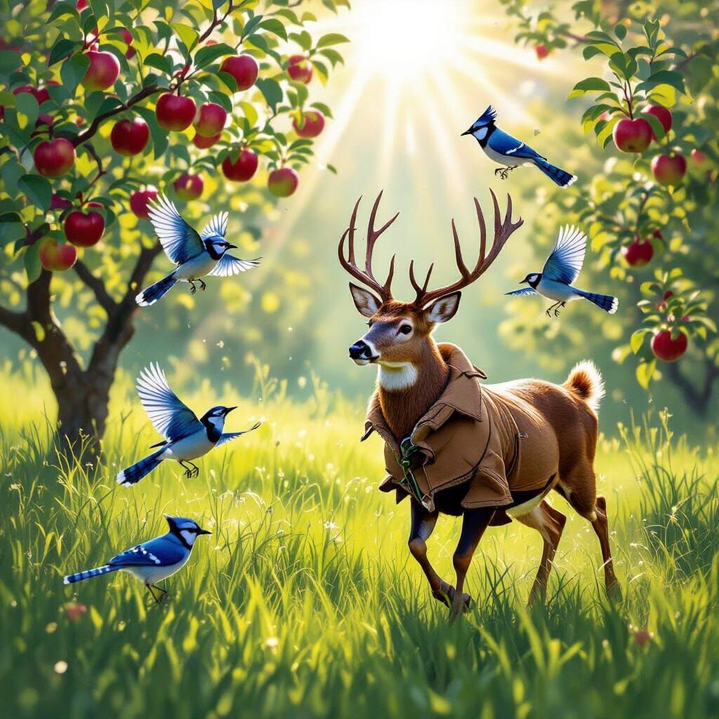 Deer and Blue Jays in Emerald Meadow