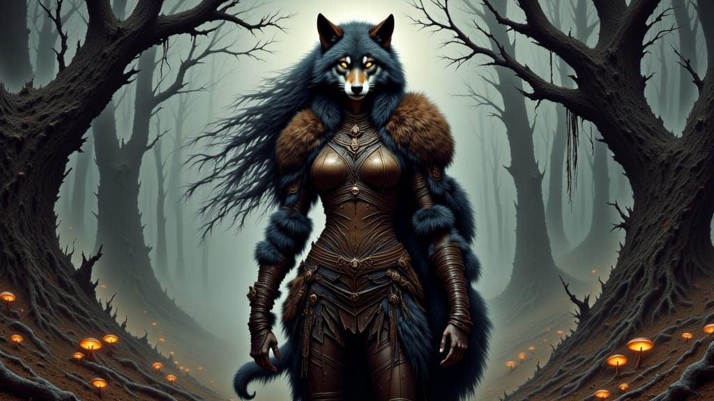 Fierce Wolf Warrioress in Moonlit Forest