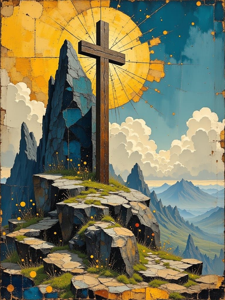 A Wooden Cross on a Rocky Outcropping in a Modern Art Style