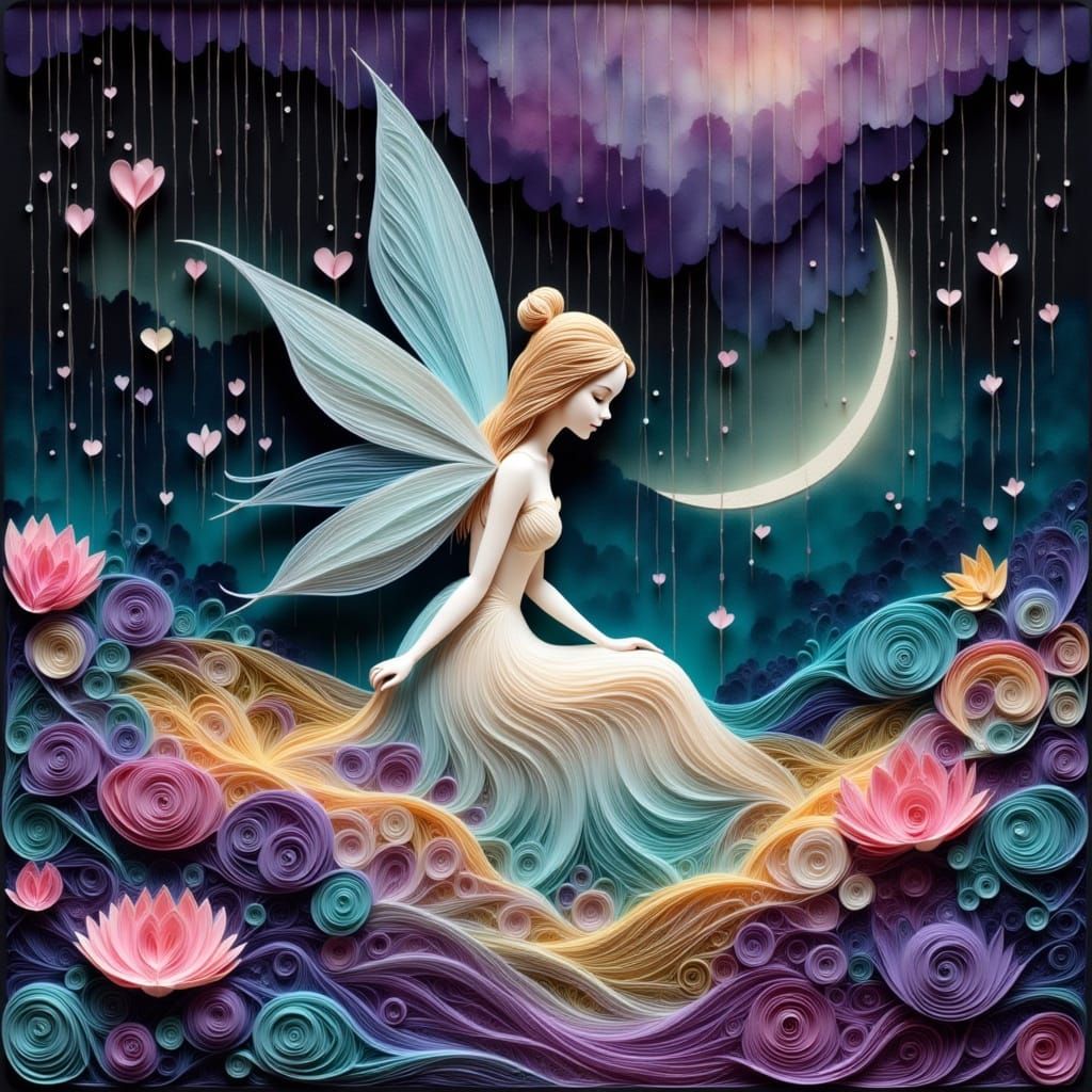 Beautiful Fairy in Quilling Ink Drip Landscape
