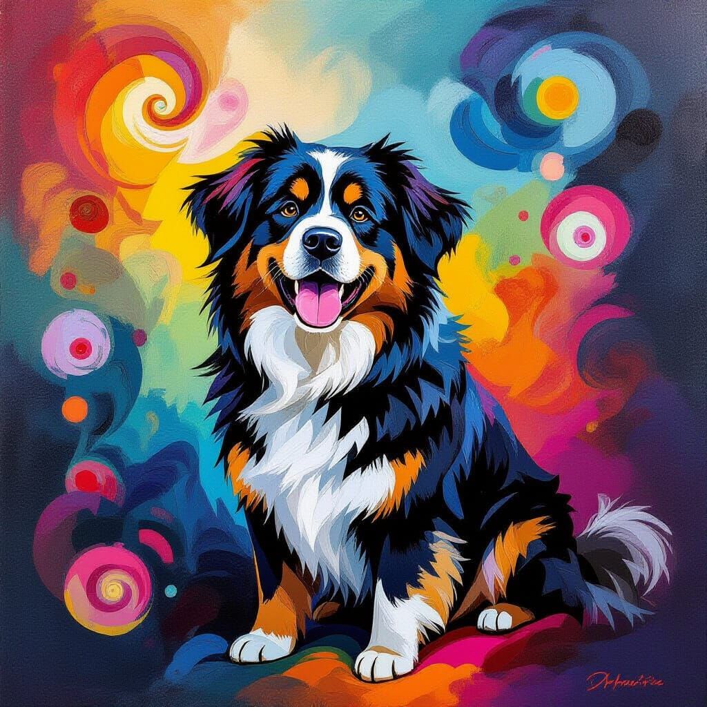 Whimsical Newfoundland Dog in Abstract Surrealist Zoo