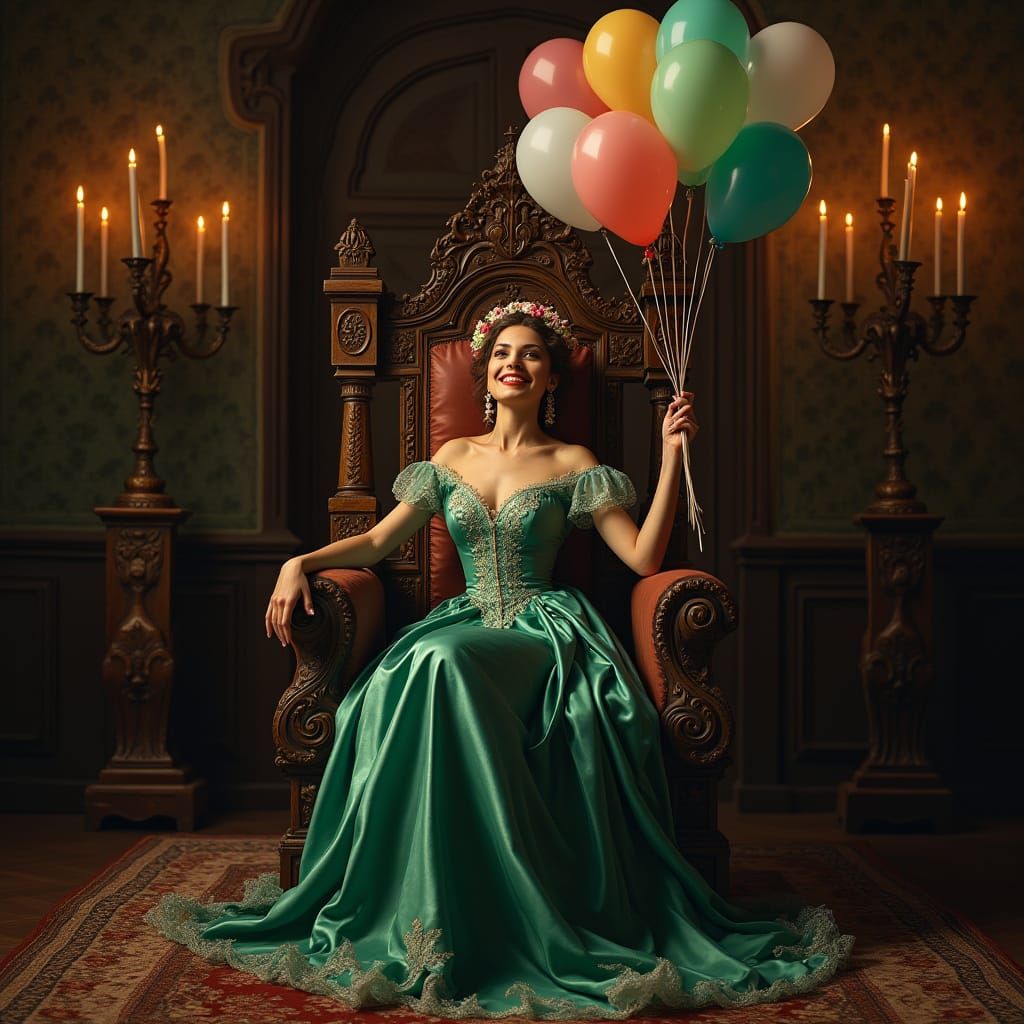 Regal Woman with Balloons in Pre-Raphaelite Style