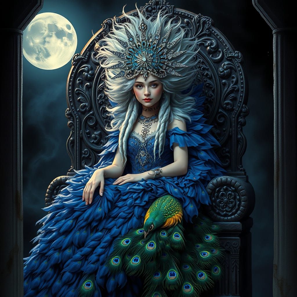 Surreal Fantasy Queen with Wild Silver Hair and Enchanted Pe...