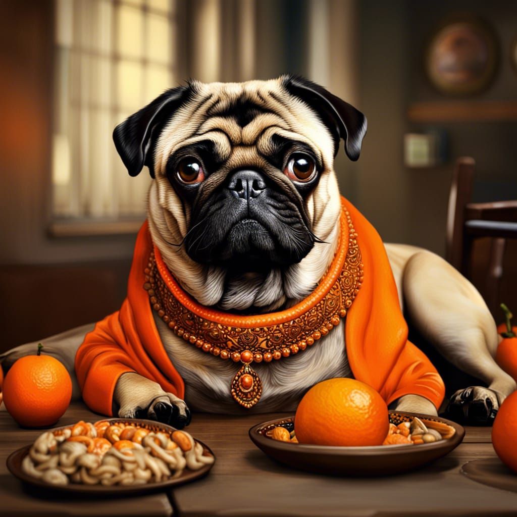 Pug Contemplates Oranges: Hyperrealistic Still Life