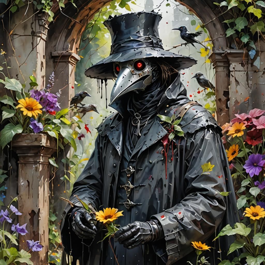 Kawaii Plague Doctor in Gothic Garden: Watercolour Art