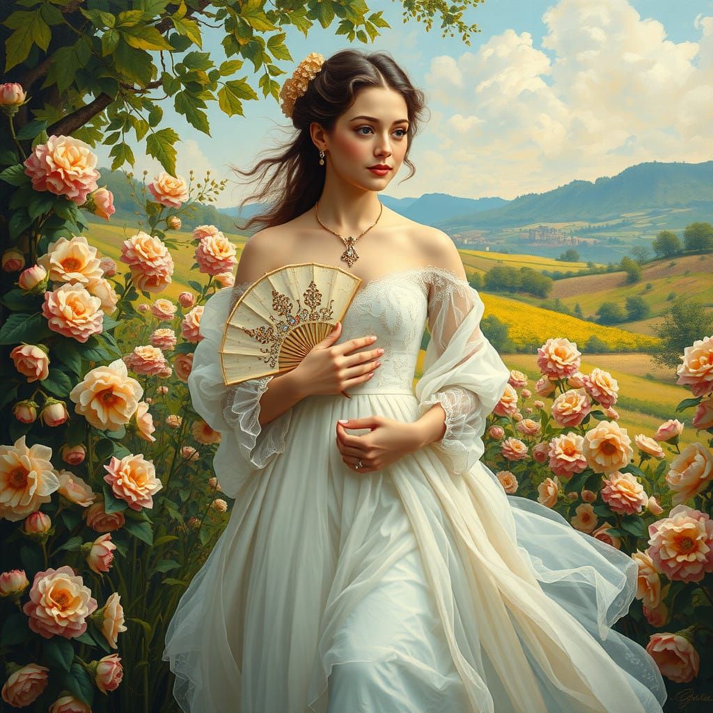 Elegant Baroque Woman in Vibrant Landscape