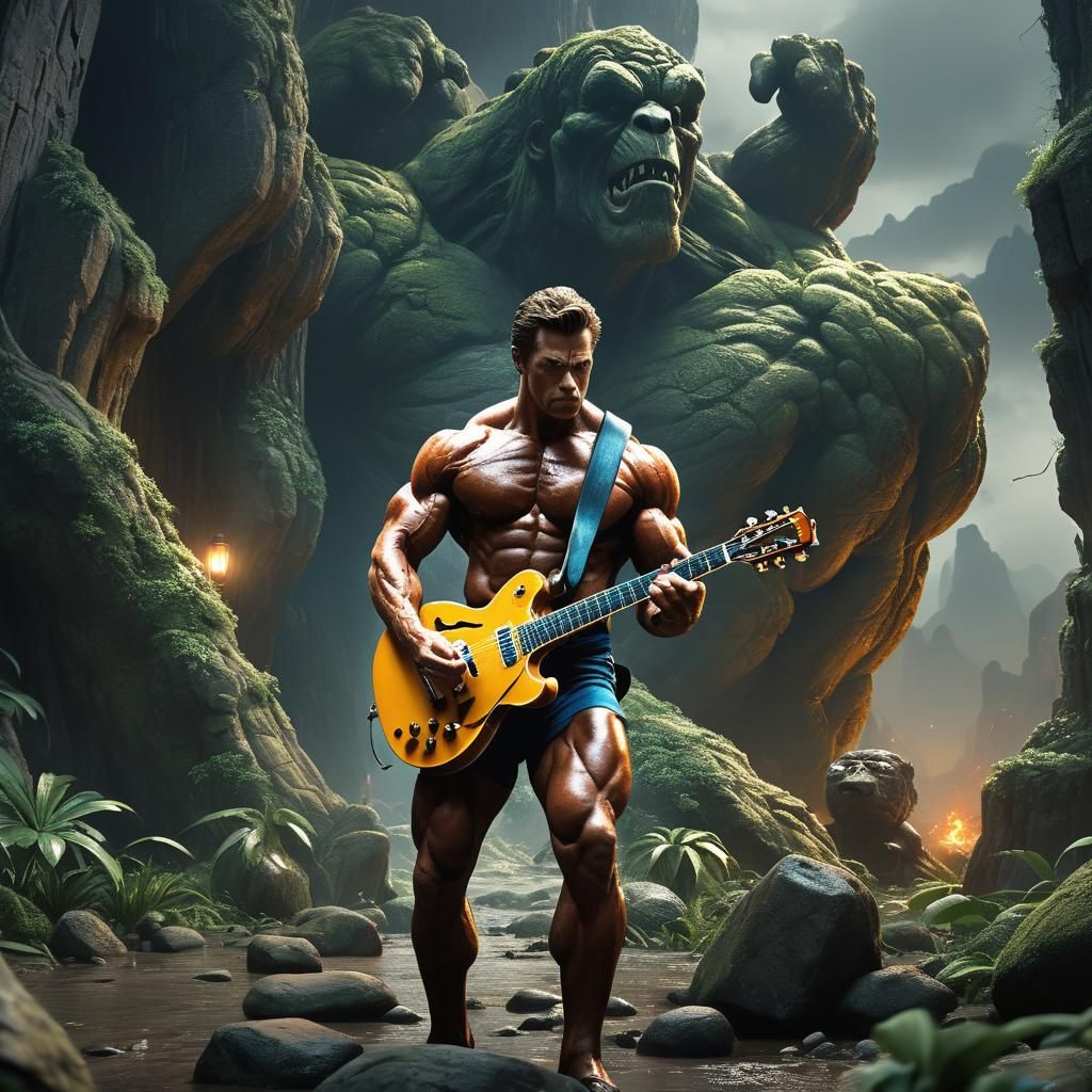 Epic Jungle Guitarist Bodybuilder in Digital Matte Painting