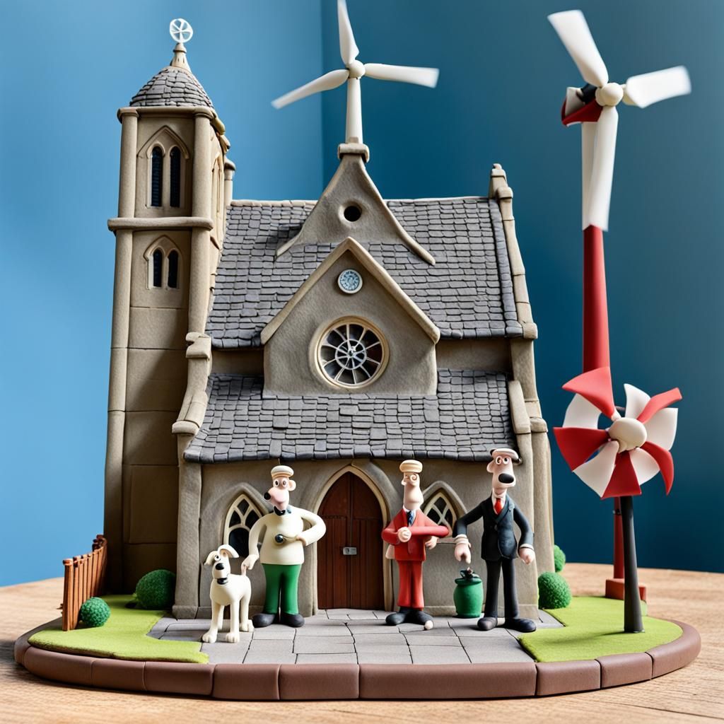 Wallace and Gromit at Church with Wind Turbine