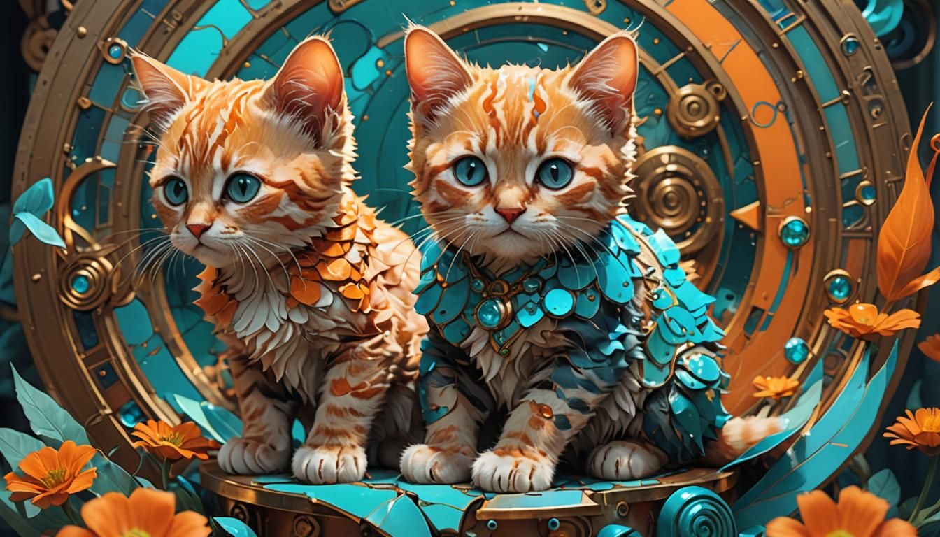 Fibonacci Kitten Concept Art in Orange and Teal