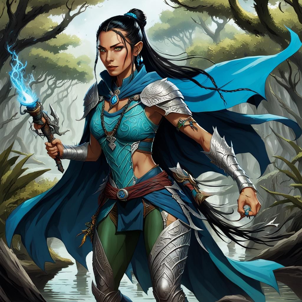 Half-Elf Woman Sprinting Through Mangrove Swamp