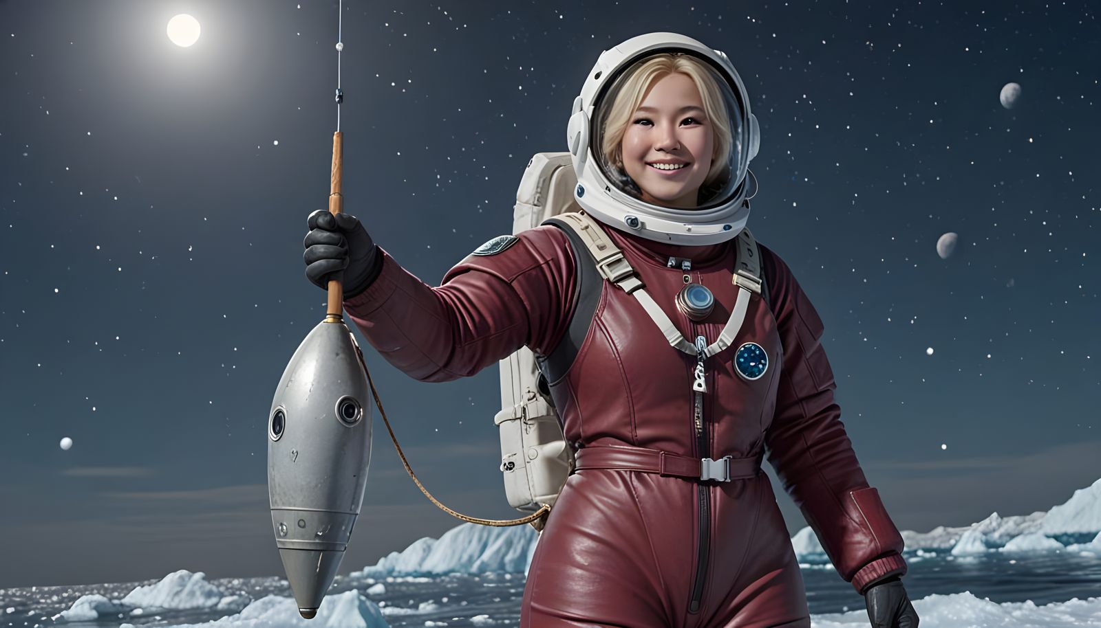 Inuit Astronaut Fishing on Europa in Spacesuit