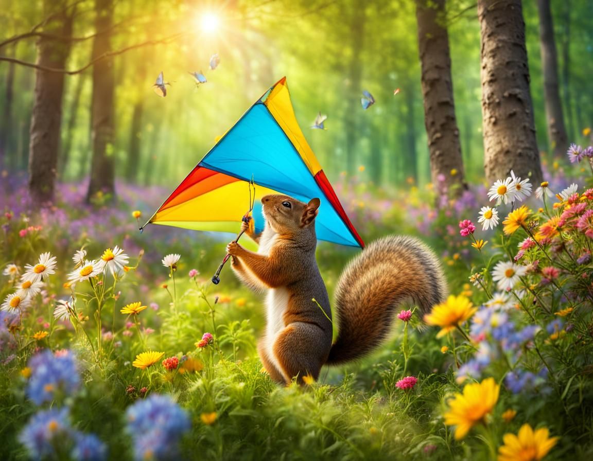 Squirrel Flying Kite in Sunny Spring Forest