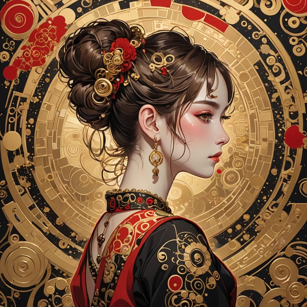 Klimt-Inspired Anime Portrait with Golden Accents