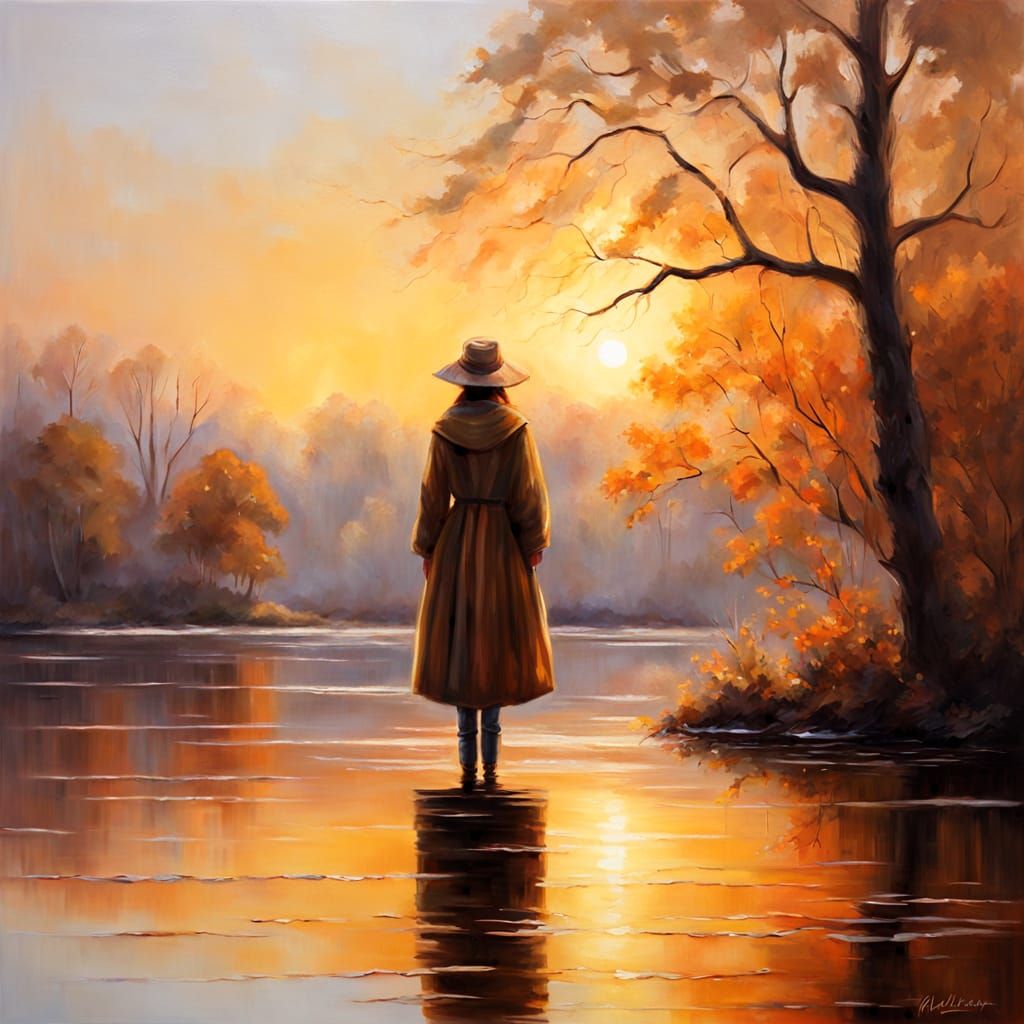 Serene Morning at the Lake in a Warm Oil Painting