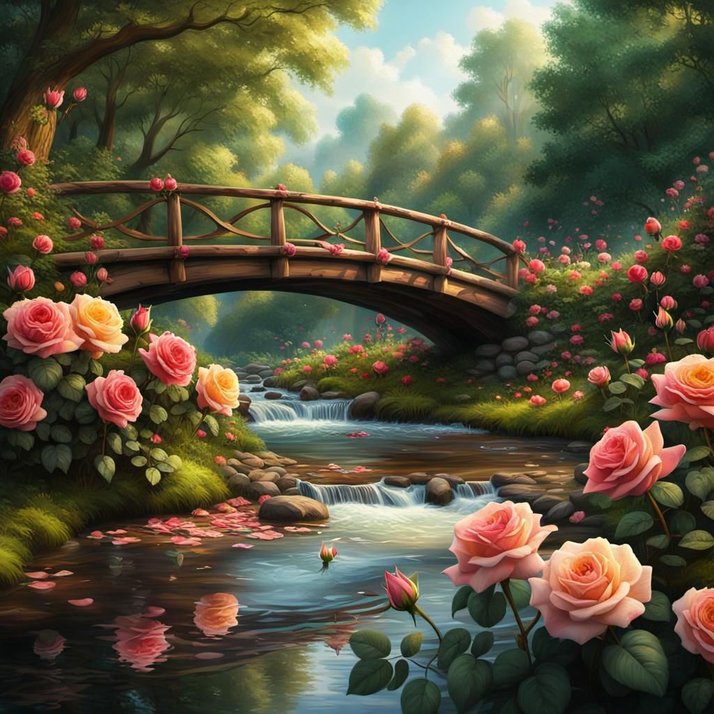 Lush Forest Oasis with Roses and Wooden Bridge in Epic Cinem...