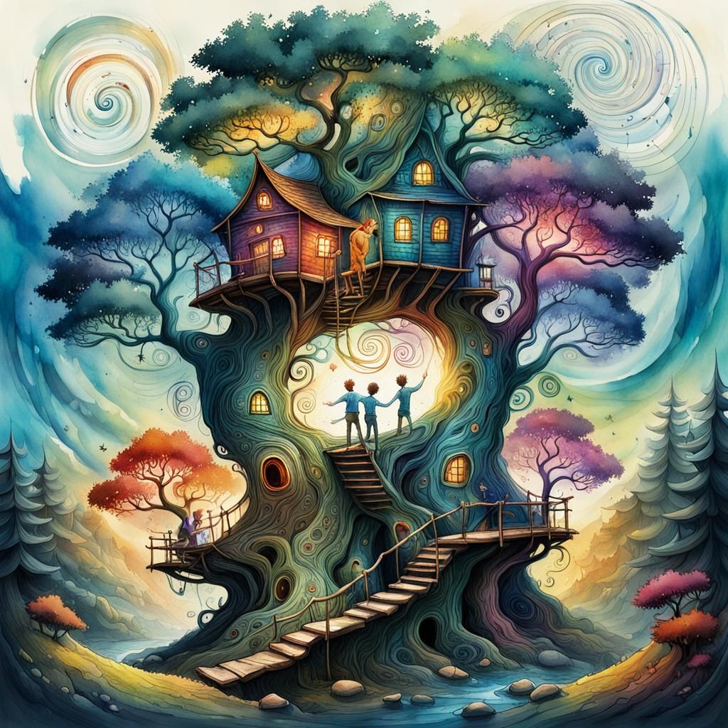 Three little scamps at home in the tree