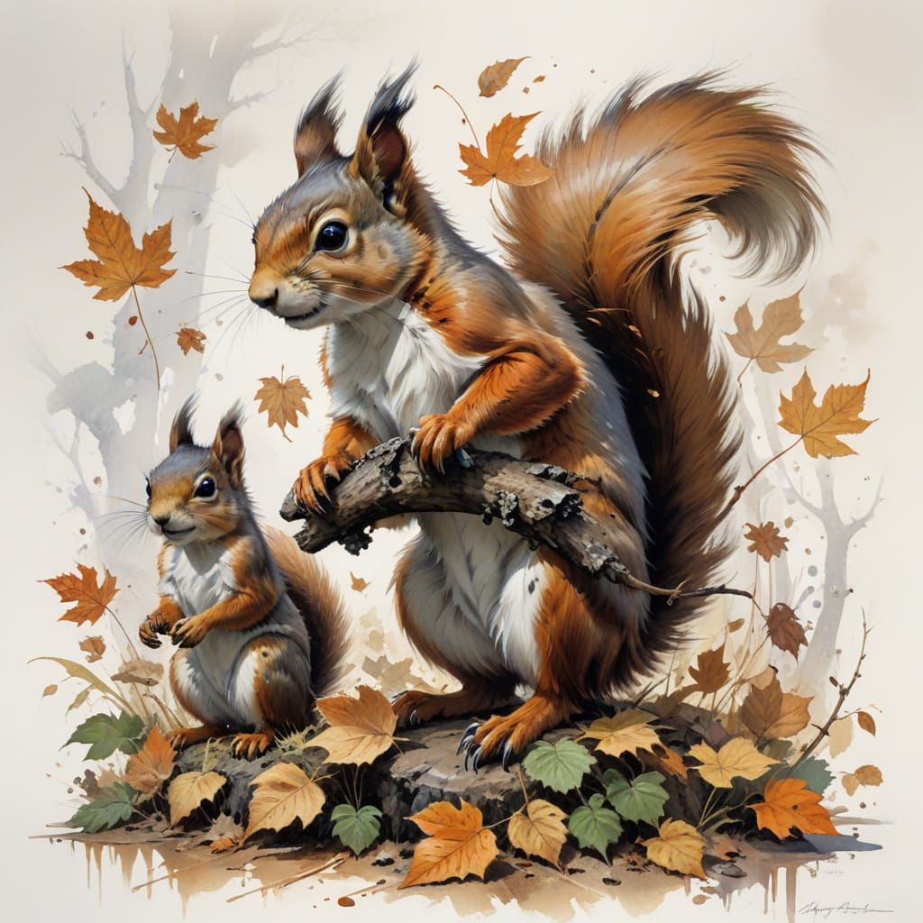 Watercolor Time Landscape with Squirrels and Trees