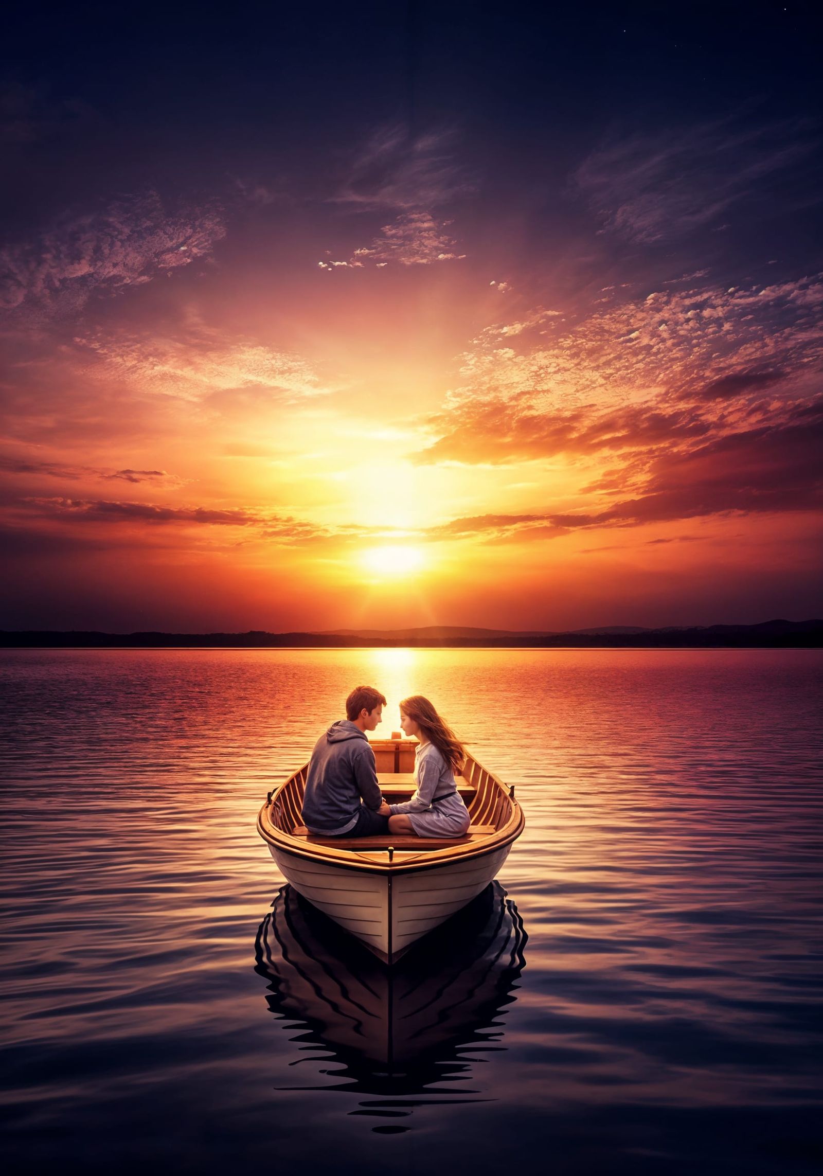 Romantic Sunset Lake Scene in Hyperrealistic Style