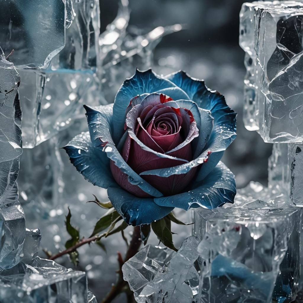 Bioluminescent Rose Breaking Through Ice: Hyperrealistic Clo...