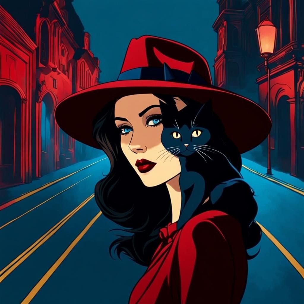 Gothic Film Noir Woman with Fedora and Cats