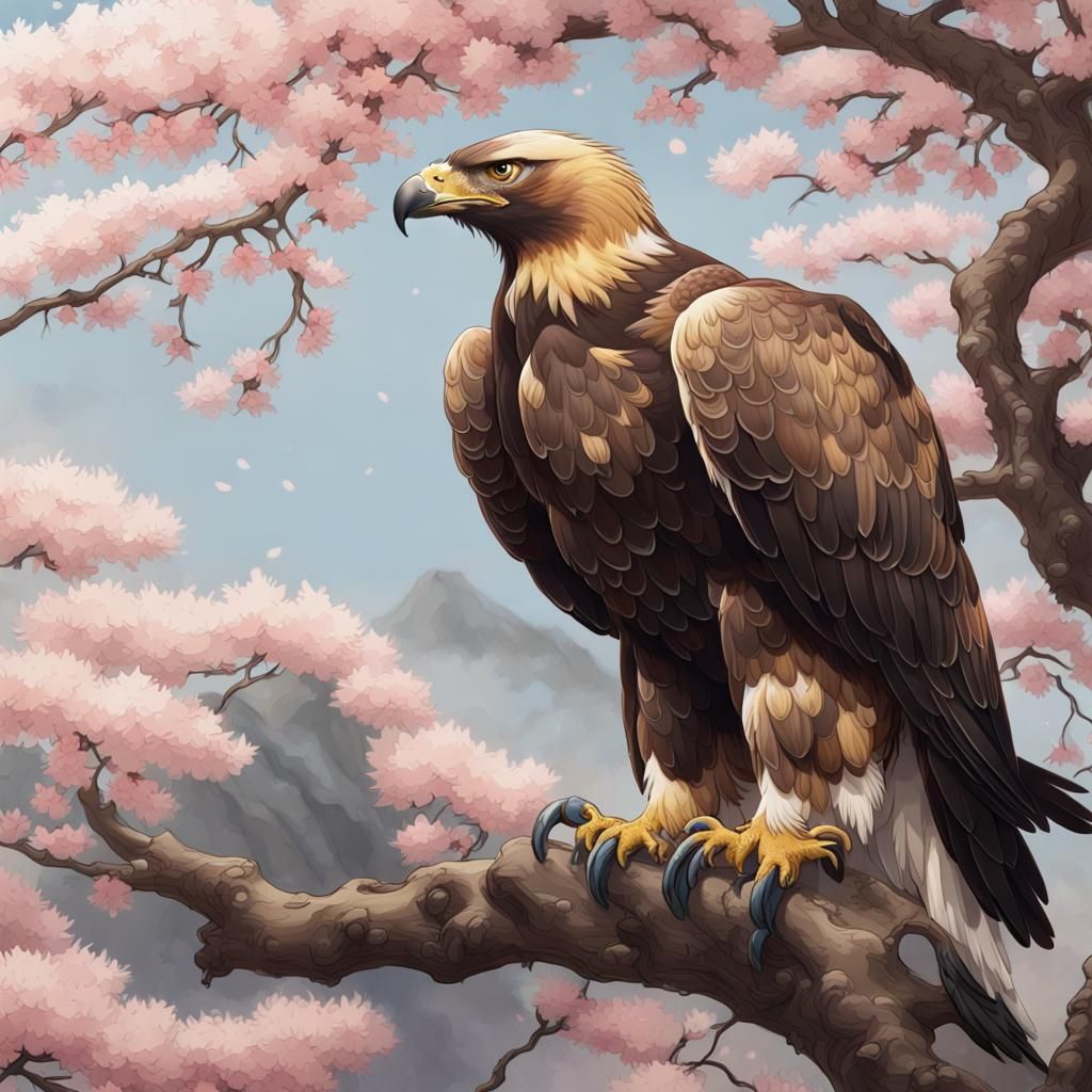 Golden Eagle in Sakura Tree, Digital Art