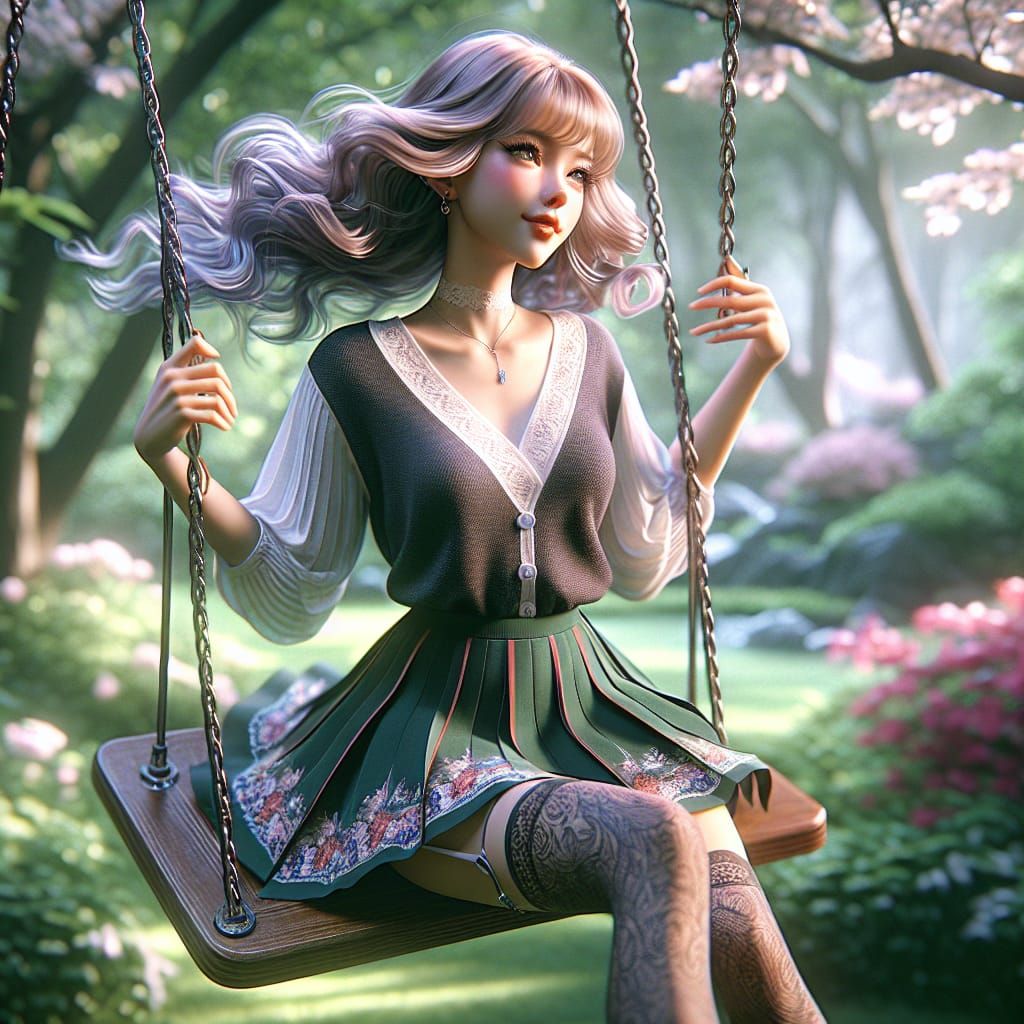 Elegant Woman Swings in Serene Japanese Garden