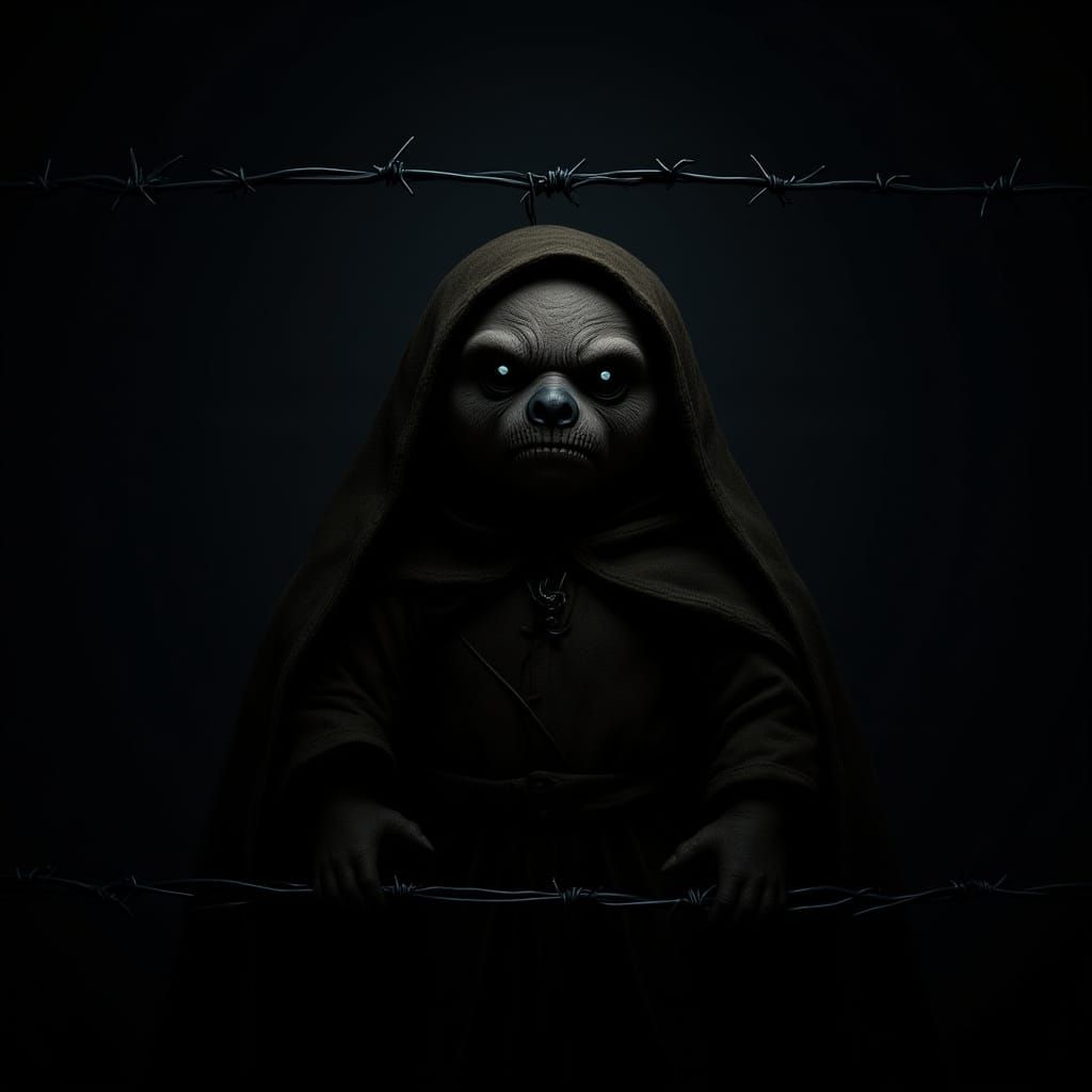 Sinister Stuffed Sloth on Barbed Wire at Dusk