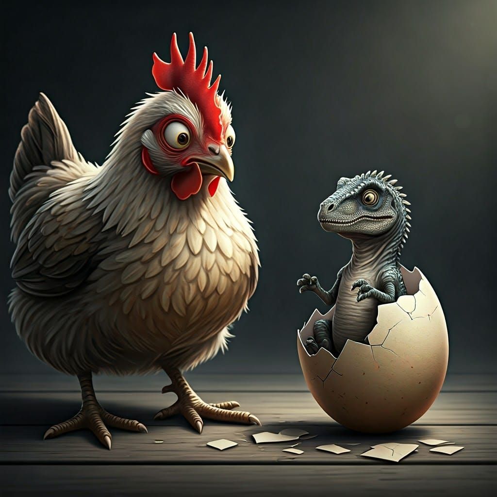 Shocked Chicken Stares at Hatchling Dinosaur in Humorous Sce...