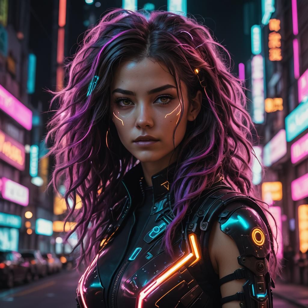 Cyberpunk Warrior in Neon Cityscape