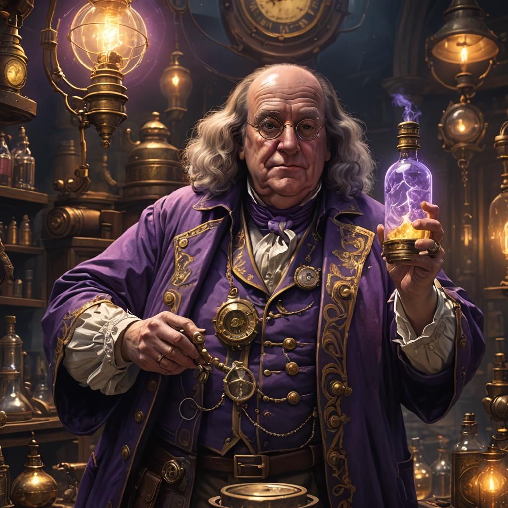 Steampunk Ben Franklin Captures Lightning, Digital Art